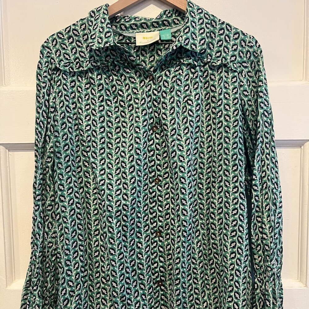 Maeve Anthropologie Fredericka Bird Print Button Down Shirt / Green / 16W